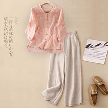 跨境新中式国风套装女士夏季新款2025妈妈洋气棉麻亚麻麻两件套