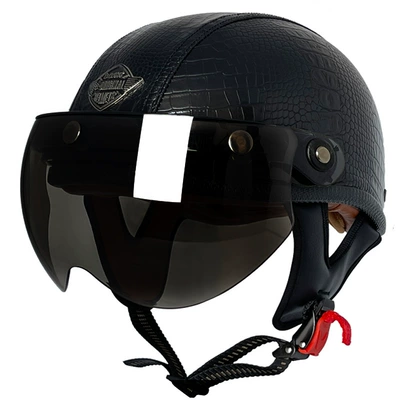 Motosiklet kaskı (dəbilqə) – body - black-crocodile-leather-helmet-w-tea-mirror-m