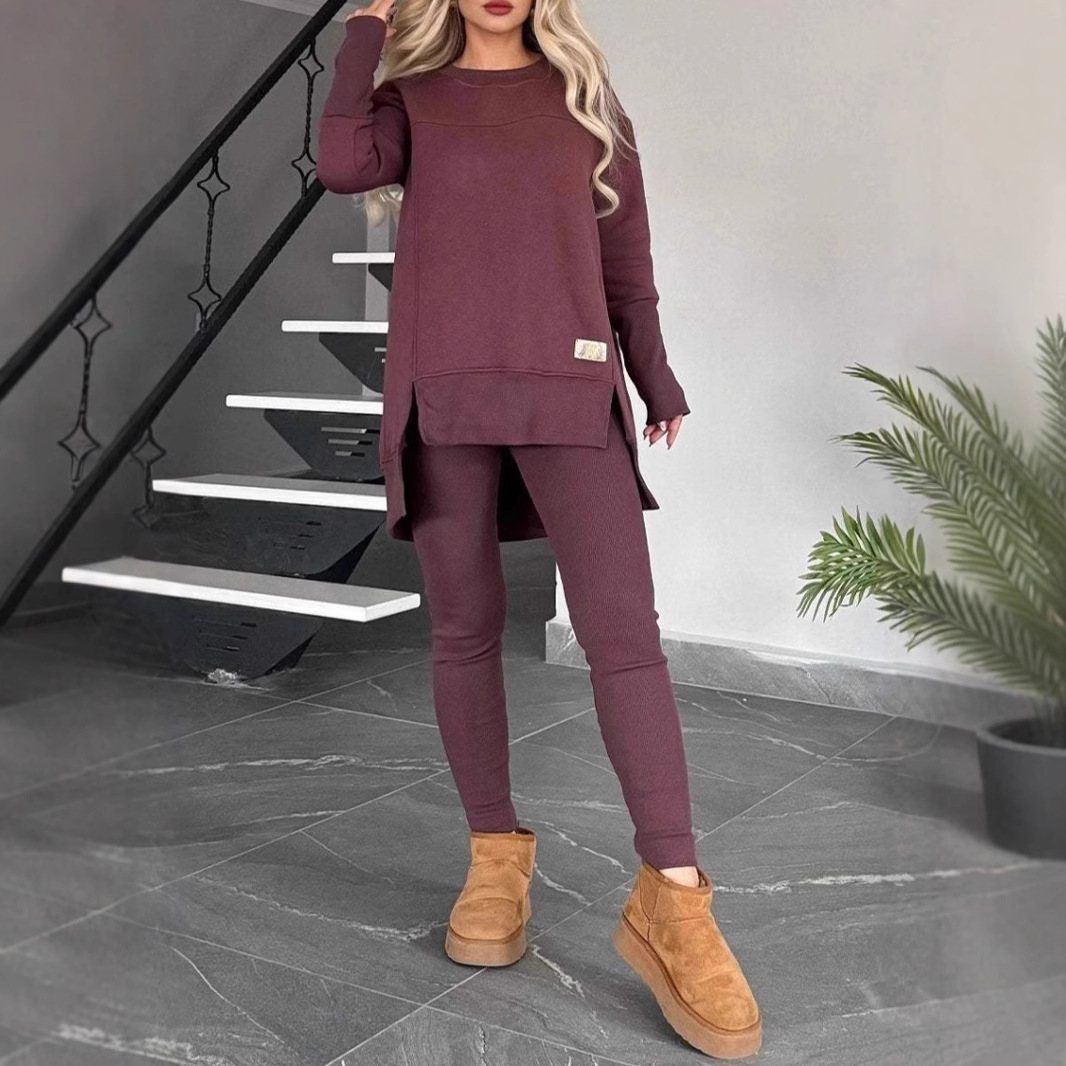 2024 European And American Cross-Border Autumn Winter Hot-Selling Women's Top With Slit Long Sleeve Round Neck Casual_ecoleips.com