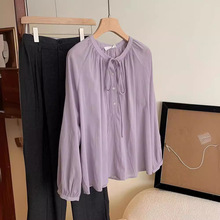 法式甜美别致上衣女2024春夏新款设计感洋气圆领系带紫色长袖衬衫