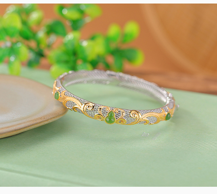 Vòng tay bạc S925 mạ vàng đính ngọc bích phong cách cổ điển họa tiết phúc lộc — Kiểu mạ tách màu chi tiết 7
