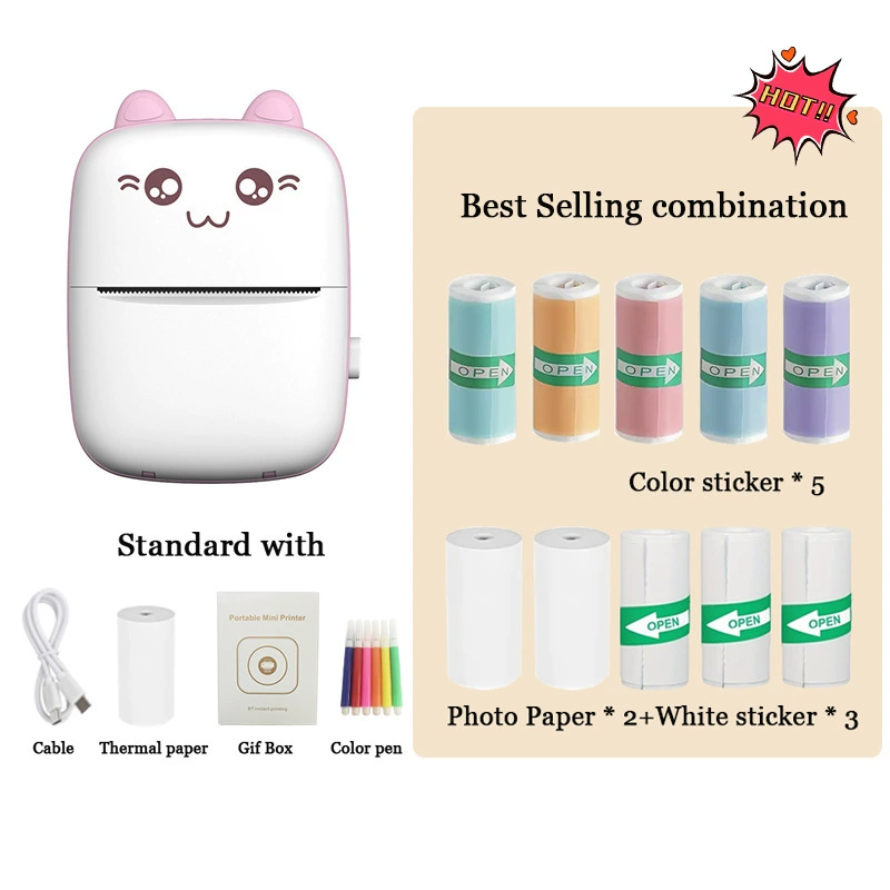 Handheld Photo Printer Mini Portable Thermal Printer, Cute Cat Design, Models A8C/C19/C25