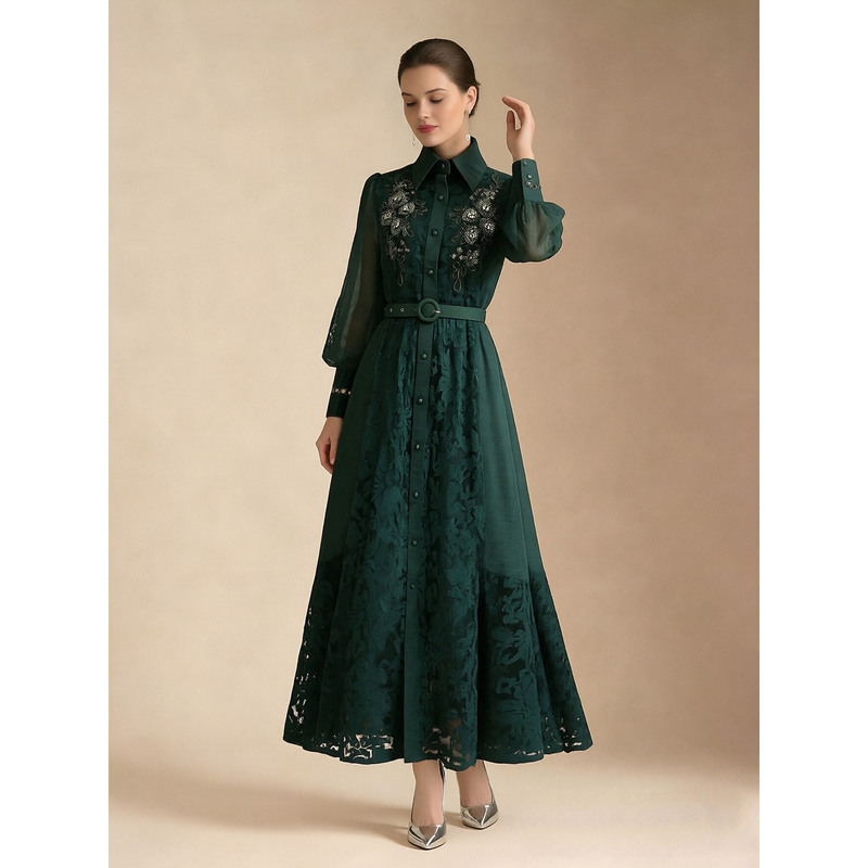 6616 Early Spring Elegant Lapel Collar Dress with Heavy Embroidery, 3D Floral Lace Patchwork, Flowing Style, and Waist-Cinching Long Skirt 6616 Early Spring Elegant Lapel Collar Dress with Heavy Embroidery, 3D Floral Lace Patchwork, Flowing Style, and Waist-Cinching Long Skirt