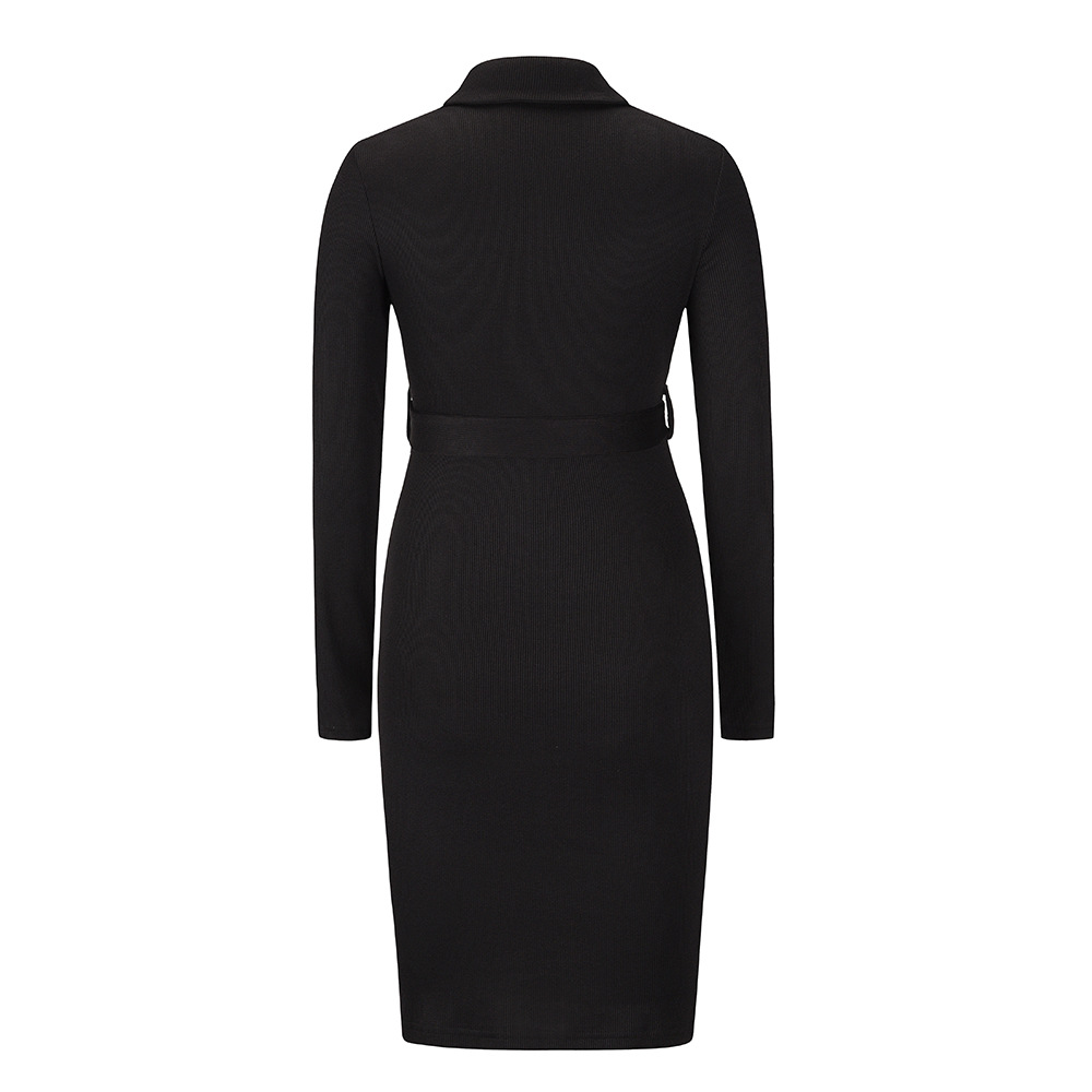 Slim Long Sleeve Lapel Collar Belt Midi Dress