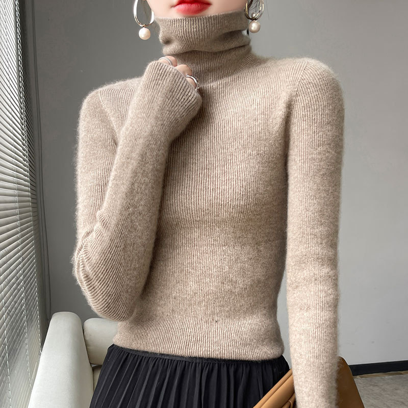 Women's Autumn and Winter Milk White All-Wool Slim-Fit High Neck Base Seamless Knitted Sweater First-Line Clothing Pure Wool Sweater Women's Autumn and Winter Milk White All-Wool Slim-Fit High Neck Base Seamless Knitted Sweater First-Line Clothing Pure Wool Sweater