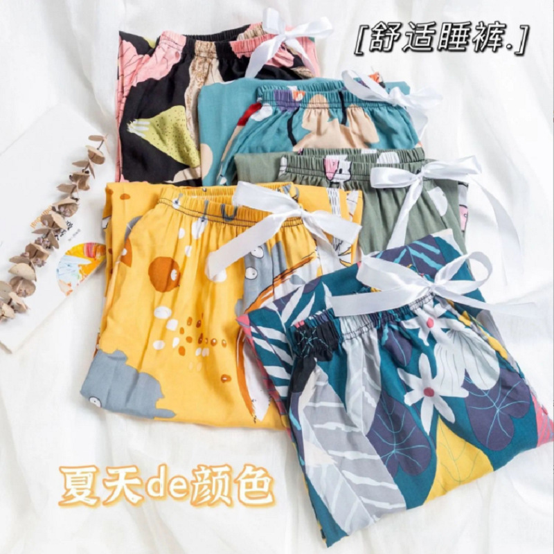 Cotton silk pajama pants summer women loose large size wide leg pants nine-point pants women home can wear rayon cotton casual pants