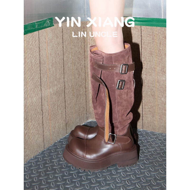 Genuine Leather ~ Thick-Soled Retro Over-The-Knee Boots for Women, Widened Version, New Suede Retro Style Pile Boots, Work Boots