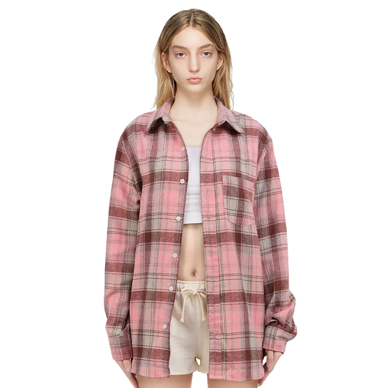 French Pink Plaid plus size Long Sleeve Outer Jacket Women's Shirt Women's Jacket Loose Lazy Style Shirt Wholesale