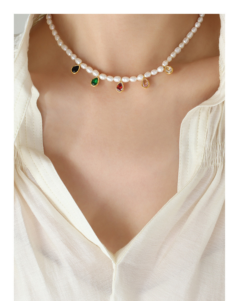 Baroque Style Water Droplets Titanium Steel Choker Pearl Plating Inlay Artificial Crystal Stainless