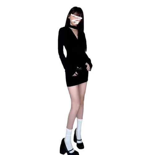 American style spicy girl swing dress for women, summer sexy black dress, mature style long-sleeved black bustier short skirt