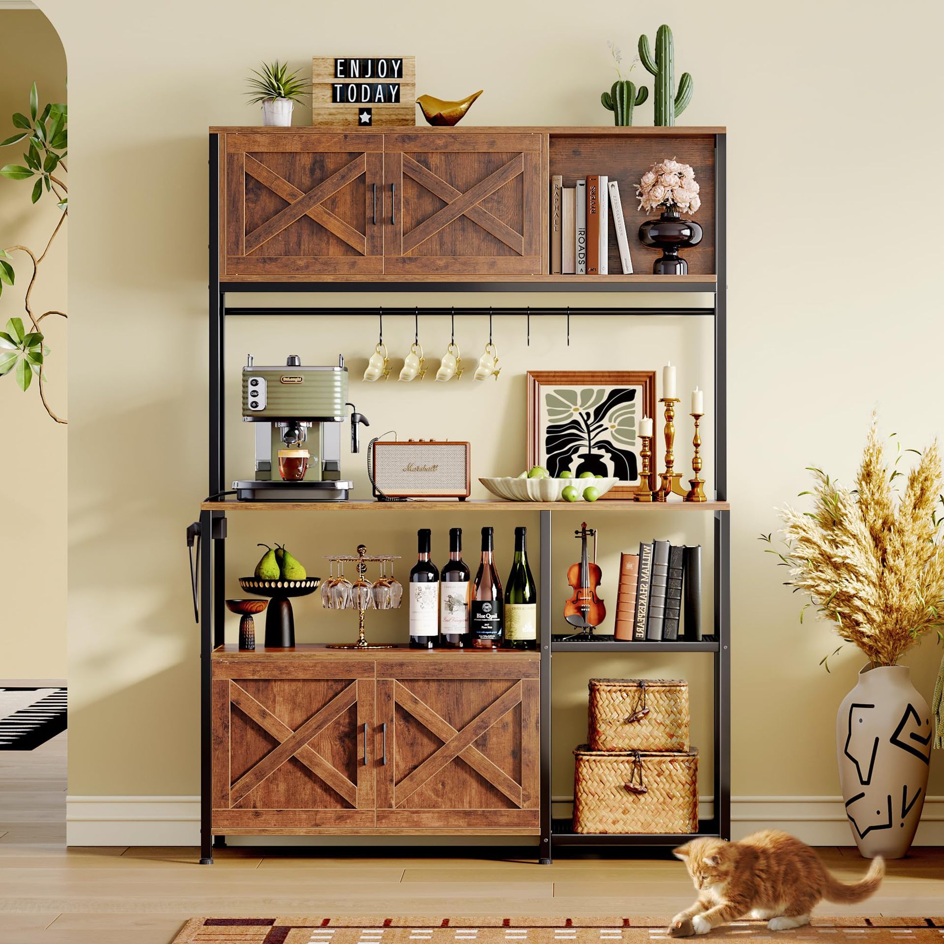 Amazon's Best-Selling Home Kitchen Storage Rack, Multi-Functional Sideboard with Cabinet Doors and Sockets, Large-Capacity Storage Rack