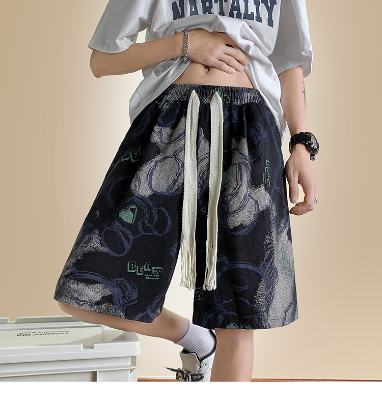 Men's Bear Print Drawstring Shorts, Loose Fit High Street Casual Shorts, Summer Streetwear Mid-Thigh Shorts_viptrois.com