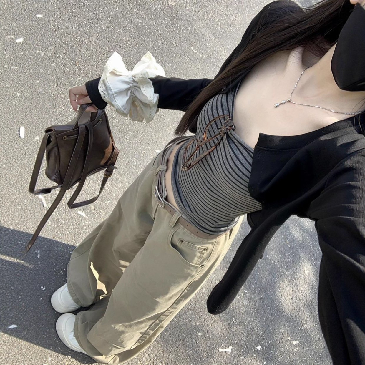 Korean Style Stripesd Vest Long-Sleeved Cardigan T-Shirt Two-Piece Set for Women in Early Autum, Slim Fit Inner Suspender Top