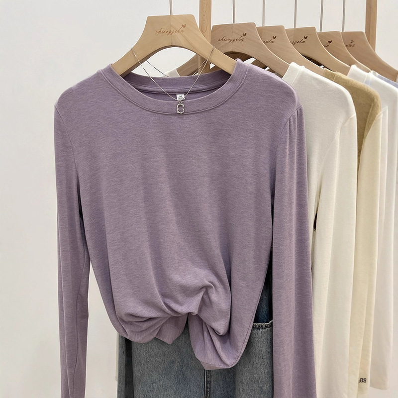 Cashmere Soft Waxy Mask Thin T-Shirt Top Women's Loose Long-Sleeved 2025 Autum New Round Neck Inner Layering Shirt