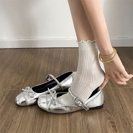 silver Shallow Mouth Ballet Style Flat Shoes Women's 2025 New Spring Dress French Round Toe Mary Jane Shoes