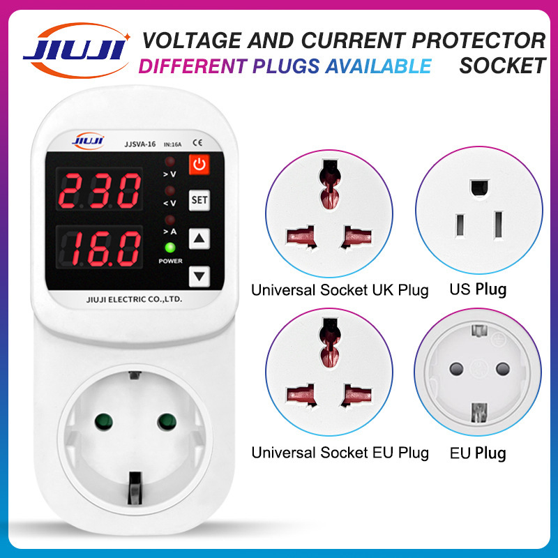Automatic voltage current protector socket AC 220V adjustable 16A EU plug socket refrigerator protection