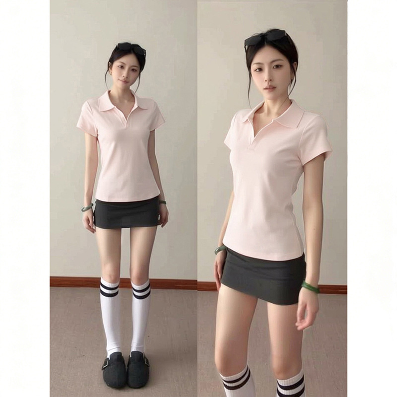 Pink off-shoulder polo shirt/t-shirt, women's short-sleeved top, unique design, sporty, slim fit, V-neck, badminton/fitness wear.