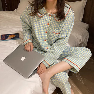 Pajamas Women's Long-sleeved Spring and Autum ins Style Korean Style Plaid Popular Cardigan Autumn and Winter Home Clothes Can Be Worn Outside Wholesale