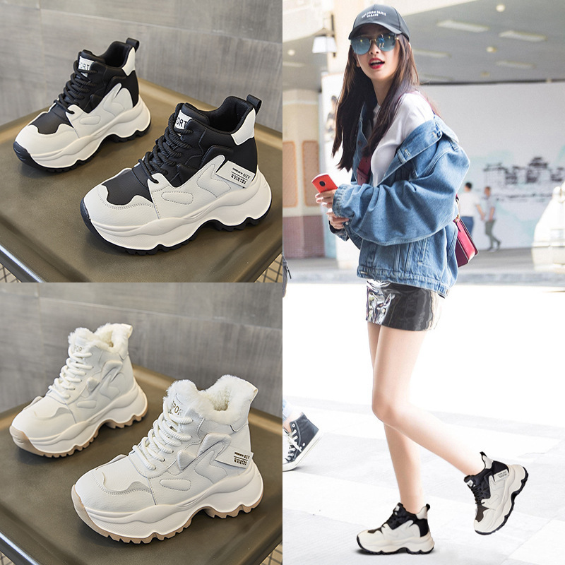 高帮鞋女秋冬新款厚底加绒保暖雪地靴真皮系带棉鞋休闲运动风女鞋