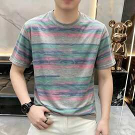 彩虹条纹短袖t恤2026新款时尚男装显瘦体恤夏季圆领上衣服百搭