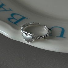 迈思卡925银拉丝爱心花边珠珠拼接戒指女韩国ins气质简约指环饰品