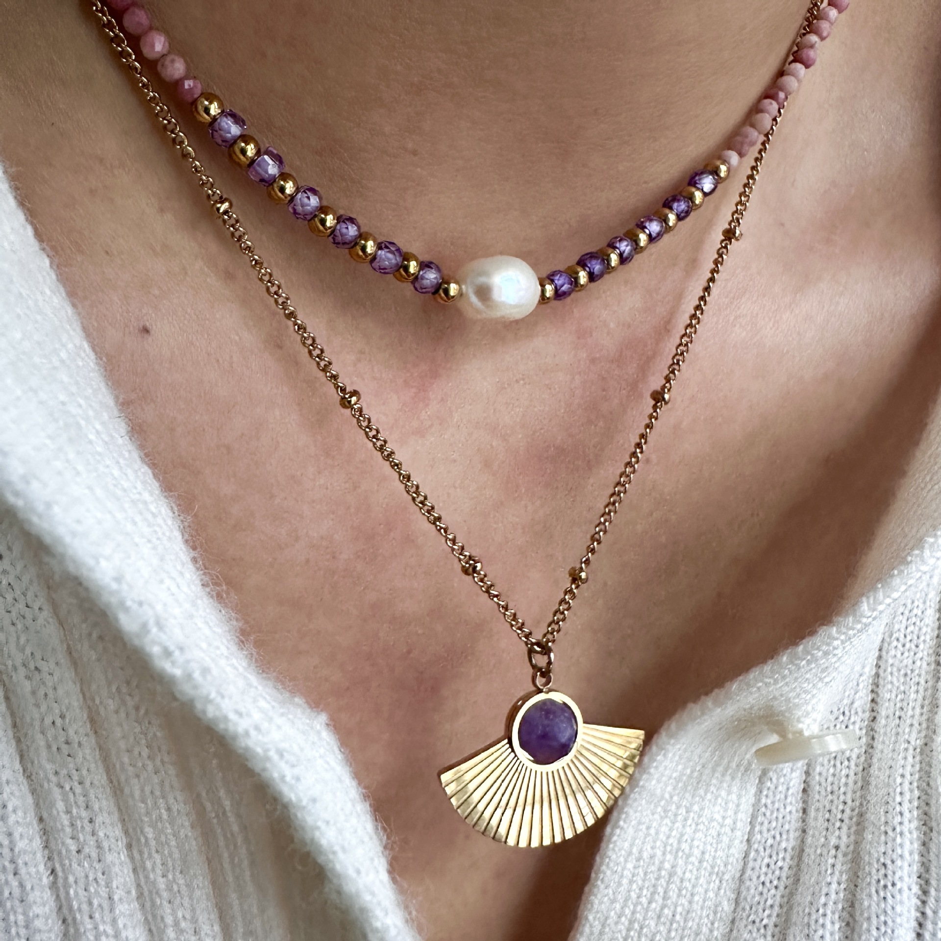 Titanium Steel Chain Material Simple Style Moon Natural Stone Titanium Steel 14K Gold Plated Necklace In Bulk