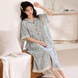 2026夏季新款云朵棉女士翻领开衫短袖睡衣裙女休闲家居服
