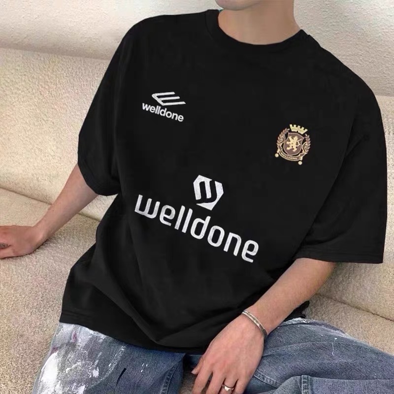 クロスボーダー卸売 25s トレンディなブランドヘビーウェイト WELL ニッチアメリカンスポーツルーズ男性と女性のカップルプリント半袖 T シャツ|undefined
