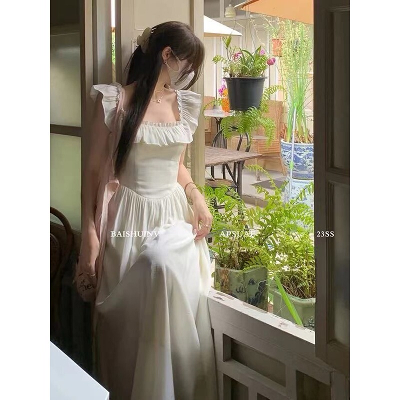 French Pink Small Flying Sleeve Dress for Women Summer New Style High-End Temperament Waist-Cinching Long Skirt for Small People