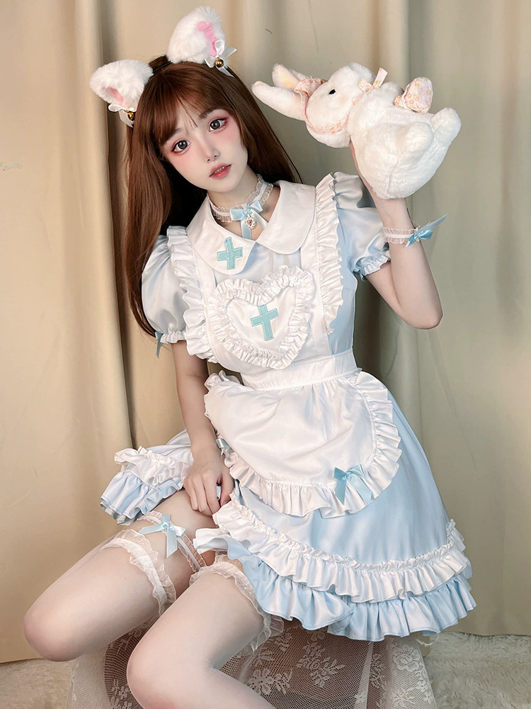 Короткое платье-Lolita набор, японский сливочно-кавайный косплей, фартук и головной убор, размеры S–XL