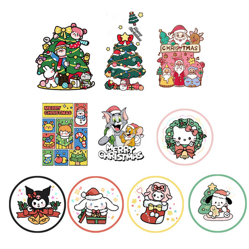 Factory stock Christmas tree holiday heat-transfer printing stickers for clothing—printed patterns, heat-transfer images, cartoon mini-graphics, gold foil designs.