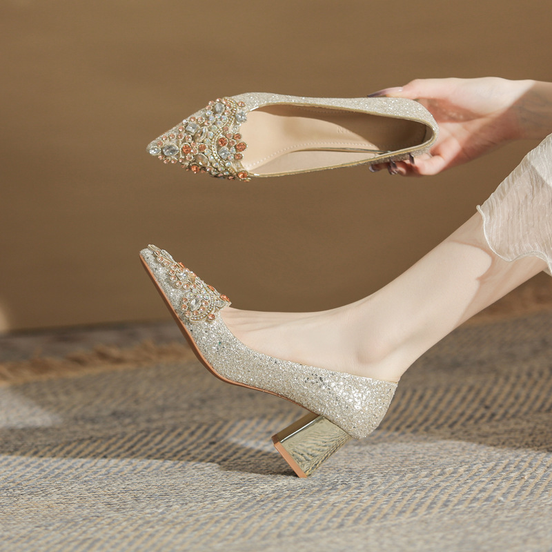 Giày cưới nữ mũi nhọn đính sequin gót dày Jin Gang CH60-50 — Màu sâm panh