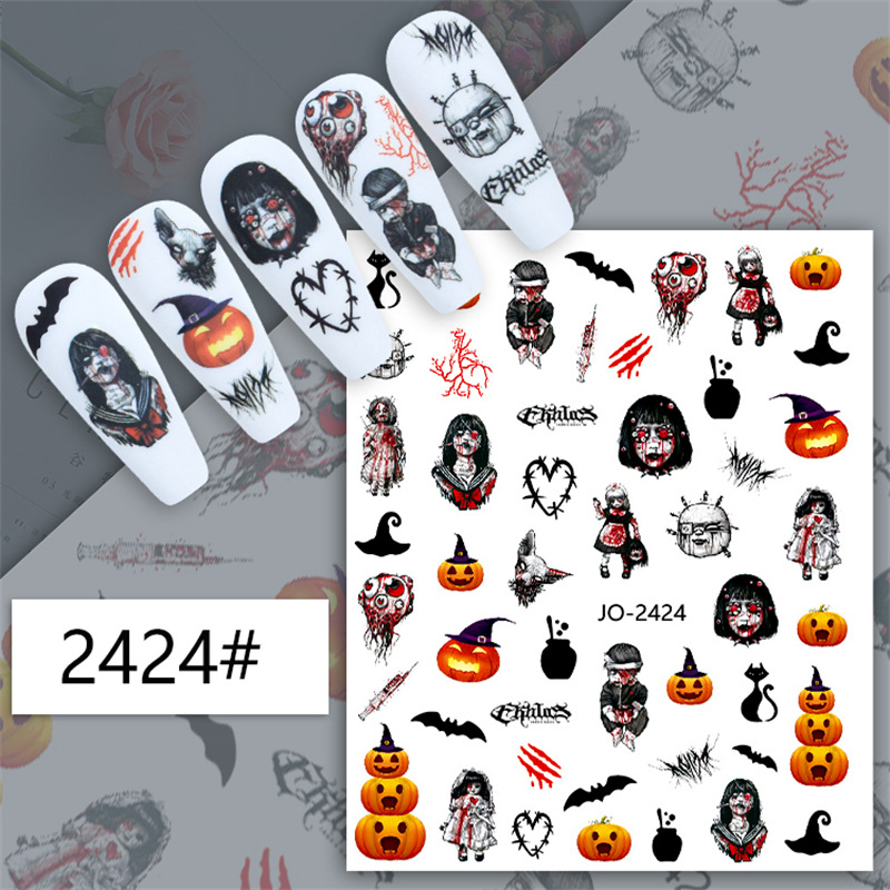 Pegatinas de uñas de Halloween transfronterizas cráneo calabaza malvada tarjeta roja brillante bruja graffiti pegatinas de uñas al por mayor