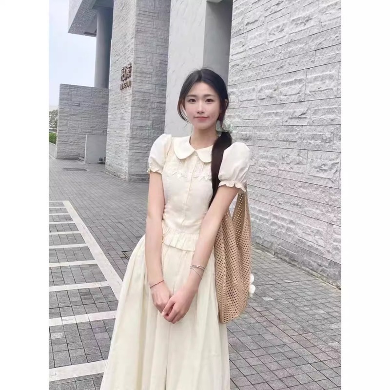 夏季款学院风温柔甜美娃娃领衬衫上衣女法式高腰半身裙子显瘦套装|undefined