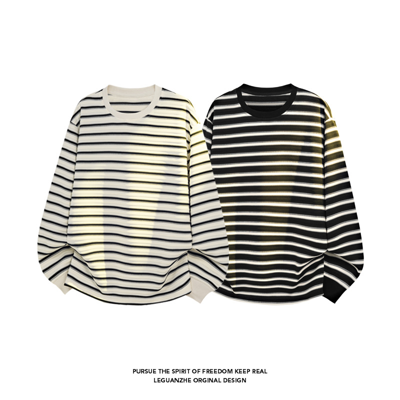 Black White Striped Long-sleeve T-shirt For Men, Spring Trendy Cleanfit Top, Loose And Casual Round-neck Base Shirt_voghion.com