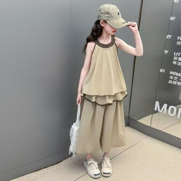 Traje para niñas Primavera y verano 2025 nuevo estilo estilo occidental chaleco sin mangas para niños pantalones anchos traje de dos piezas vestido de verano para niños de mediana edad