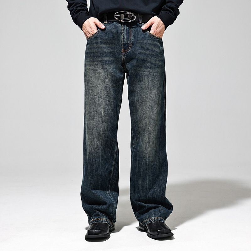 Nostalgic washed mopping pants brushed white jeans for boys new high street wide-leg pants trendy casual straight trousers