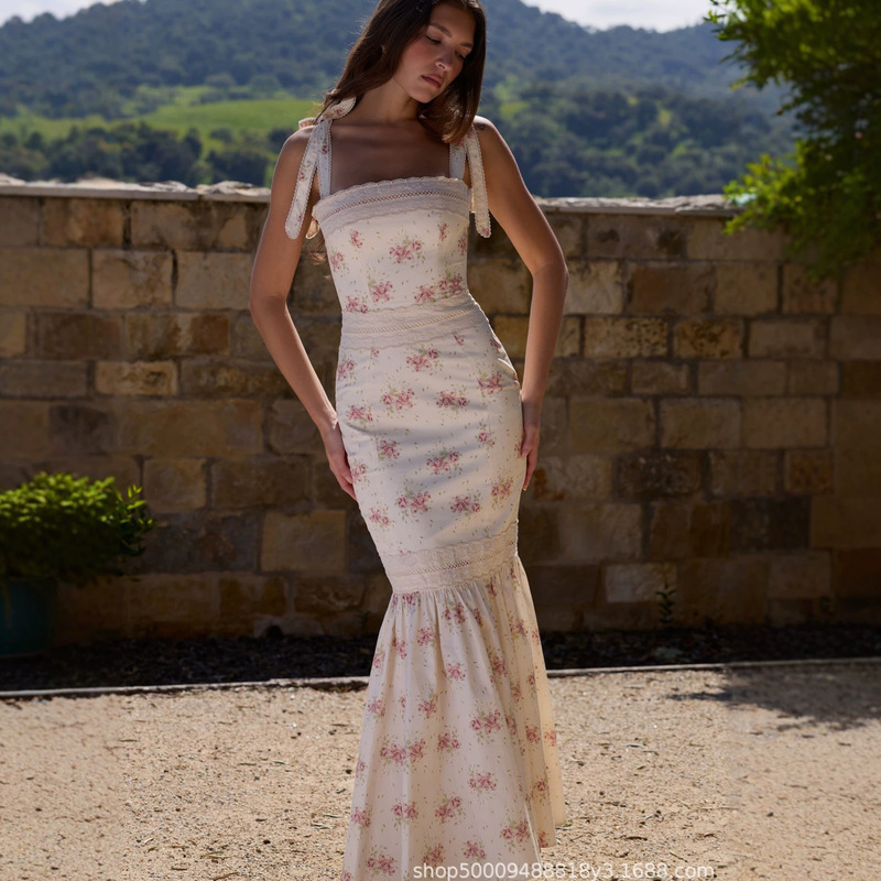 House Same Style French Sweet Romantic Pastoral Style Ultra-Long Fishtail Dress with Lace Patchwork and Tie-Up Straps for Summer