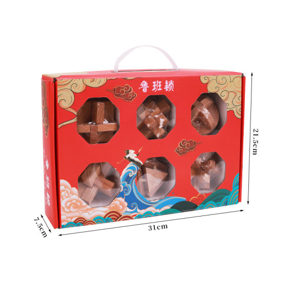 Wholesale Wooden Luban Lock Six-Piece Set National Tide Gift Box suit Gift Gift Gifts Kongming Lock Unlock Toy
