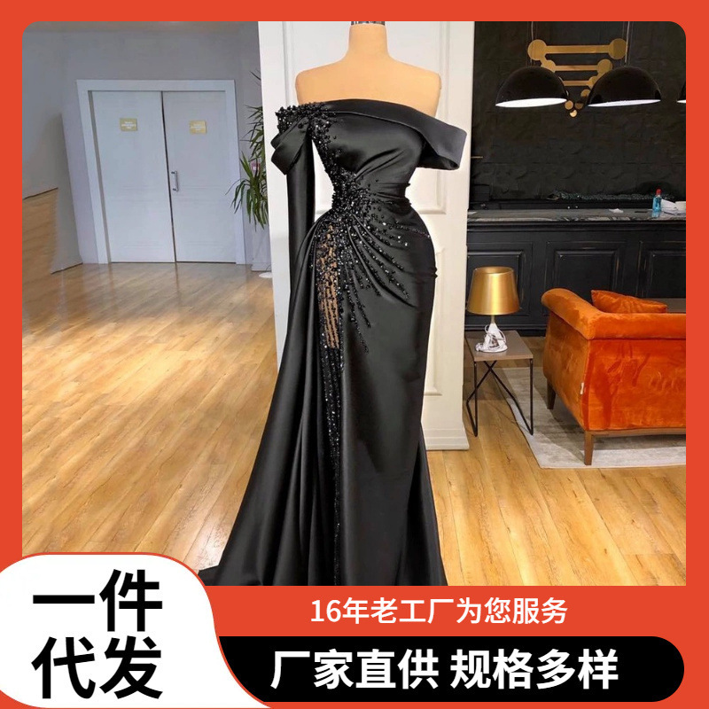 2025 Export Aliexpress Long Heavy Beaded Satin Prom Party Banquet Dress Plus Size Evening Dress