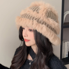秋冬新款伪兔毛渔夫帽女款毛线帽大帽檐显脸小保暖加厚护耳醒狮帽