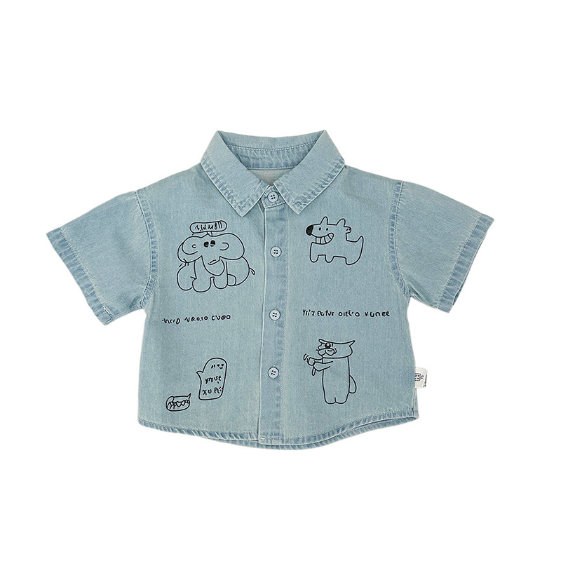 Bebé de verano animación impresión animal camisa vaquerín de manga corta bebé con solapa suelta camisa delgada versátil