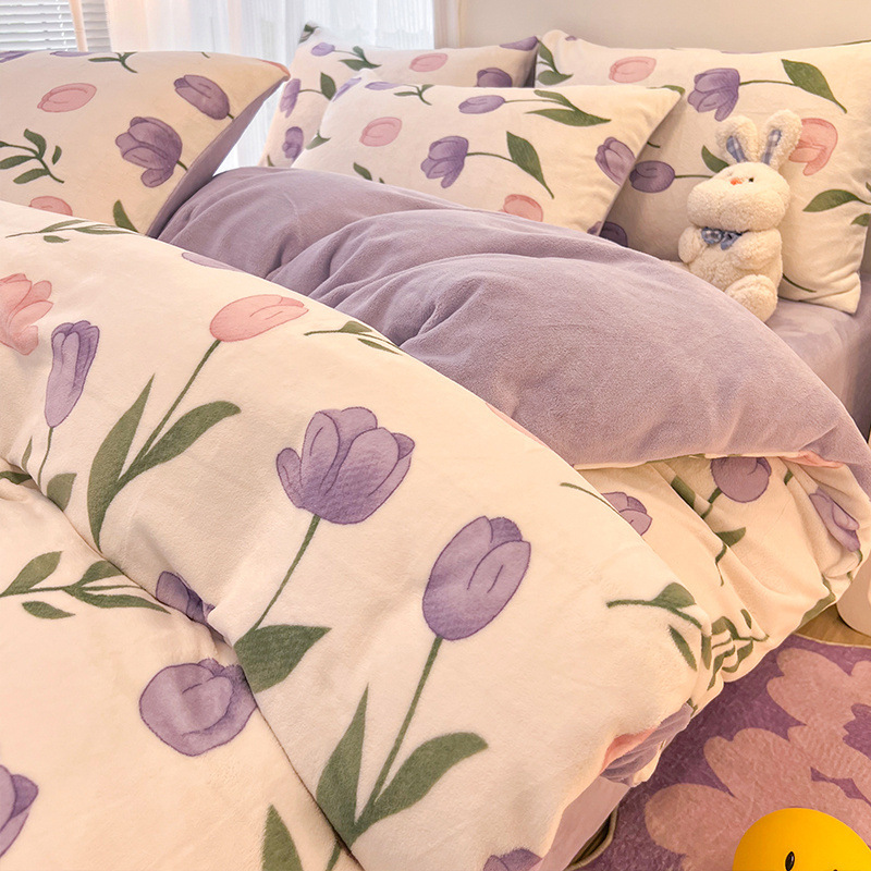 Juego de cama de lana de leche de invierno de cuatro piezas 2024 nuevo juego de sábanas de lana de coral de tres piezas