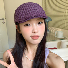 日系复古紫色格子前进帽女春秋新款韩版百搭显脸小反戴鸭舌报童帽