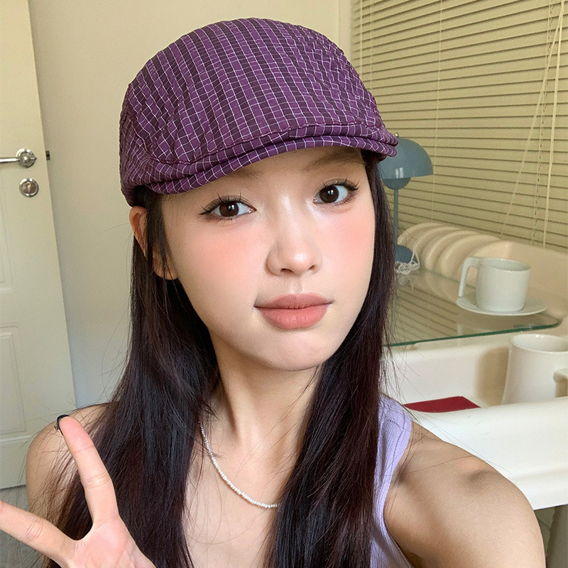 Japanese Retro Purple Plaid Forward Cap for Women, New Korean Version for Spring and Autumn, Versatile Face-Slimming Small Reverse-Wear Newsboy Cap Japanese Retro Purple Plaid Forward Cap for Women, New Korean Version for Spring and Autumn, Versatile Face-Slimming Small Reverse-Wear Newsboy Cap