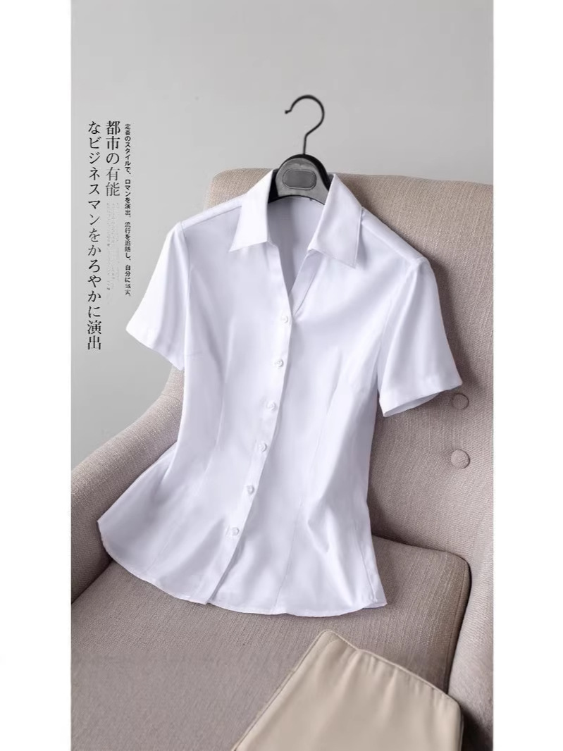 夏季新款V领白衬衫女士短袖工作服正装修身职业衬衣显瘦薄款长袖