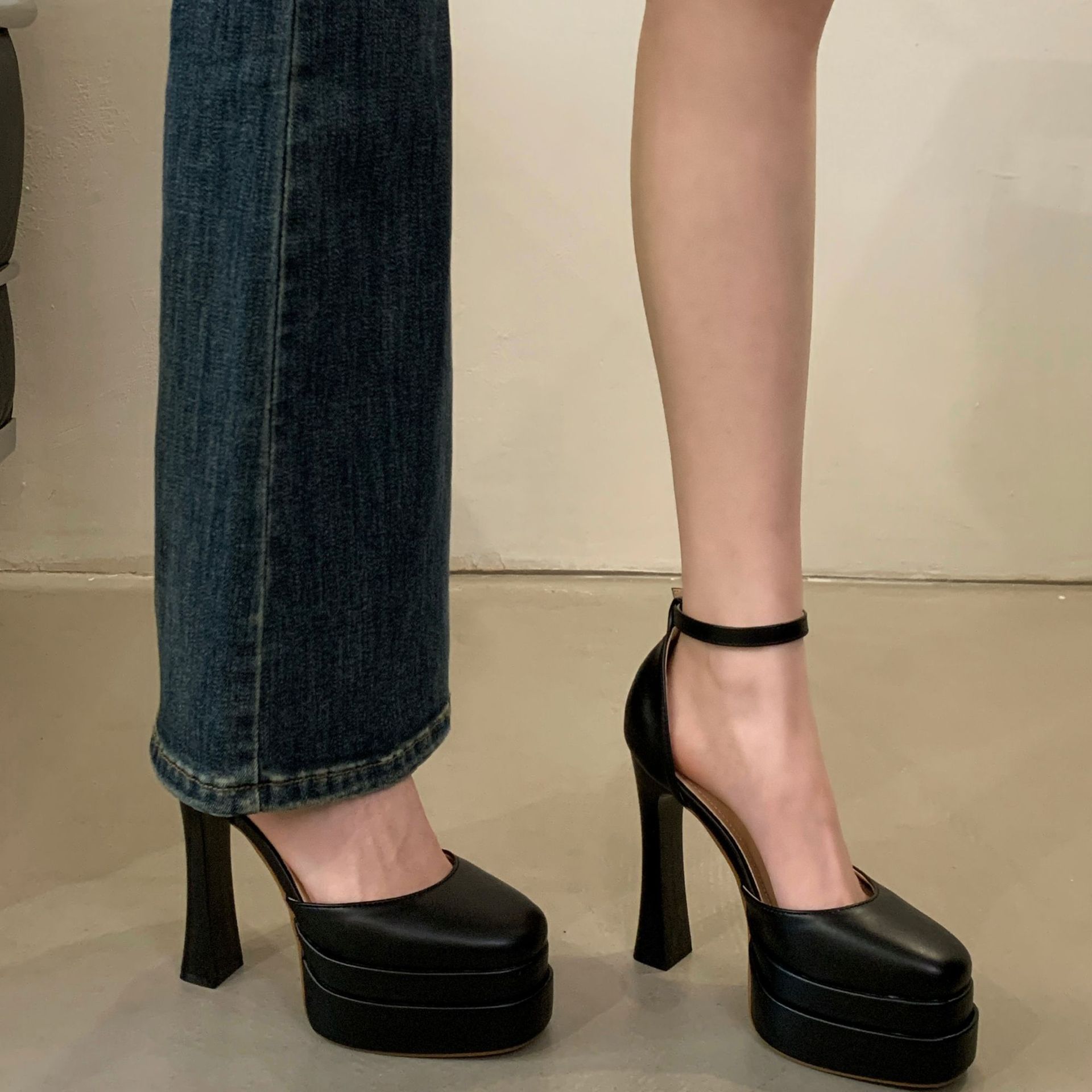 Sandal cao gót nữ quai ngang có khóa bên, gót 12 cm — màu đen chi tiết 16