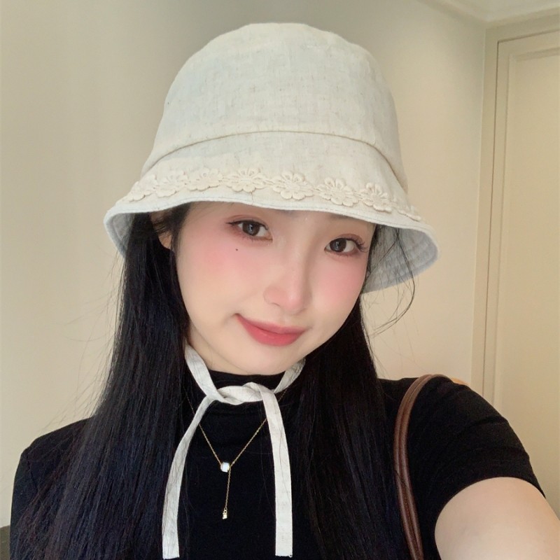 立体かぎ針編みリネンフィッシャーマンハット、新しい甘いストラップ付き夏用大きなつばの日よけと日焼け止め盆地帽子、顔が見える小さな帽子|undefined