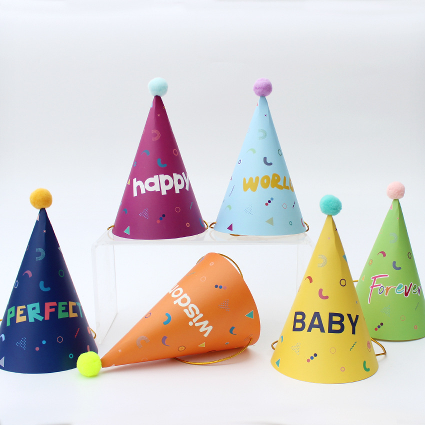 Sombreros de cumpleaños de embalaje independiente, sombreros de fiesta, sombreros de punta, sombreros de fiesta para bebés, sombreros de pastel