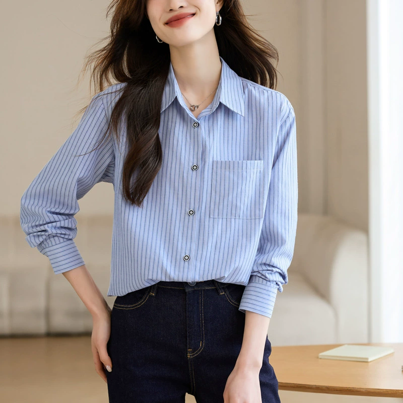 Реальный выстрел простой модный синий полосатый рубашка женская весна и осень новый внутренний топ
